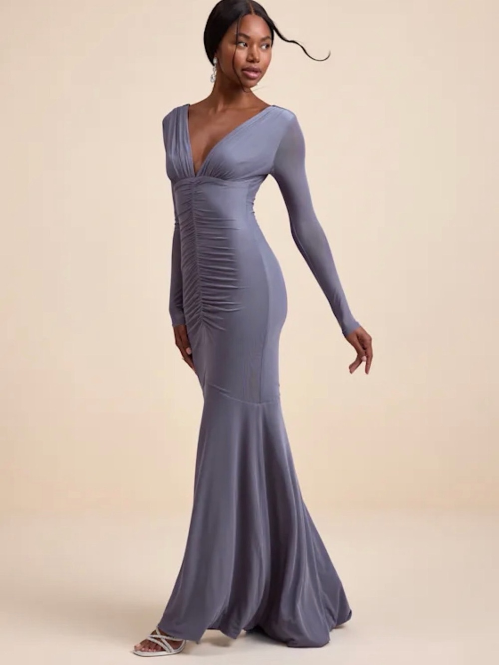 Lulu's Blue Long Sleeve V-Neck Ruched Maxi Dress - Picture 2 of 5